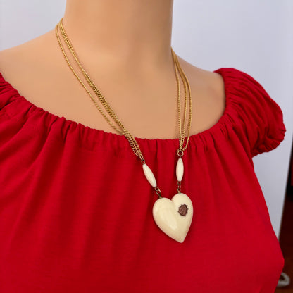 Mid Century 3 Strand Link Necklace with Heart and Ladybug Pendant