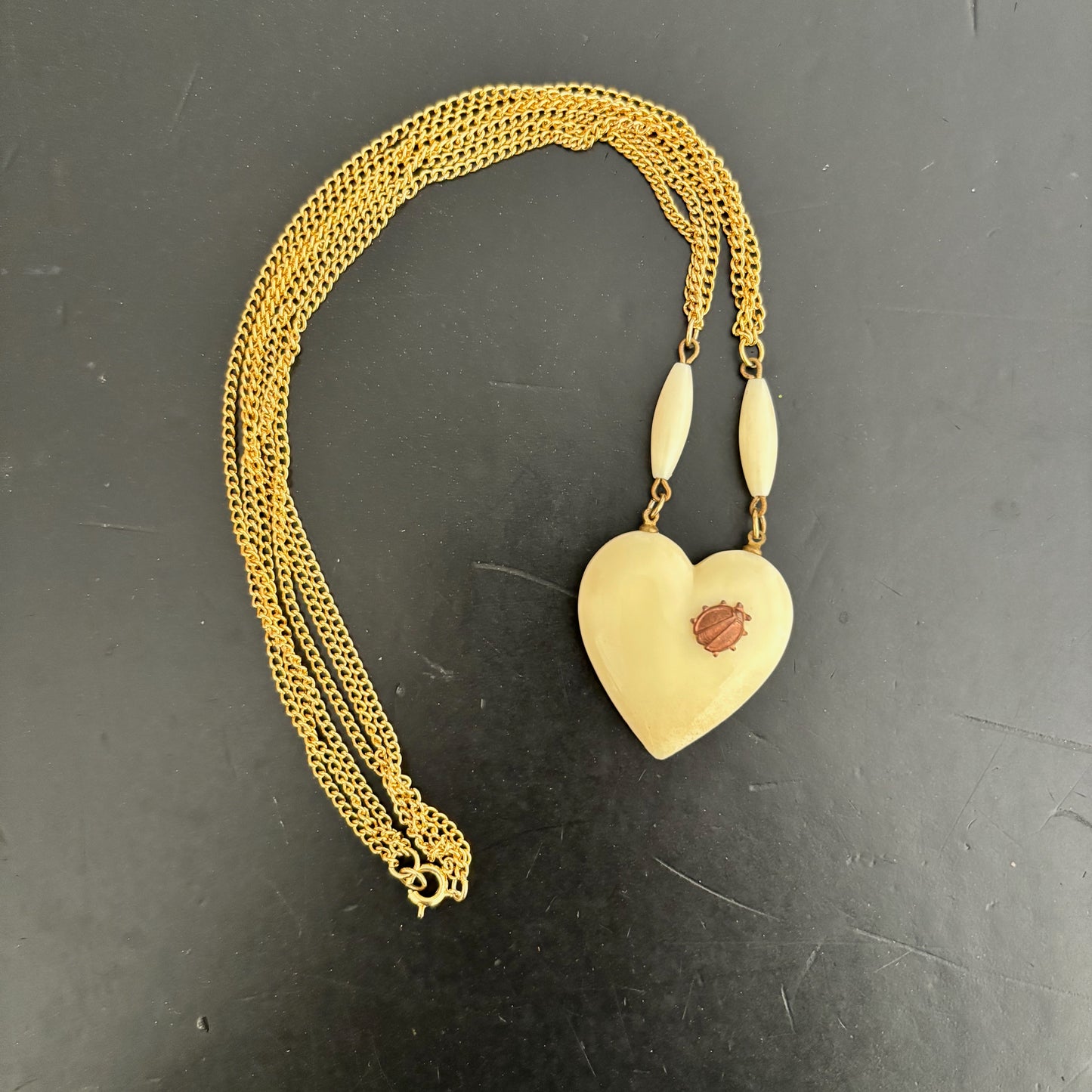 Mid Century 3 Strand Link Necklace with Heart and Ladybug Pendant