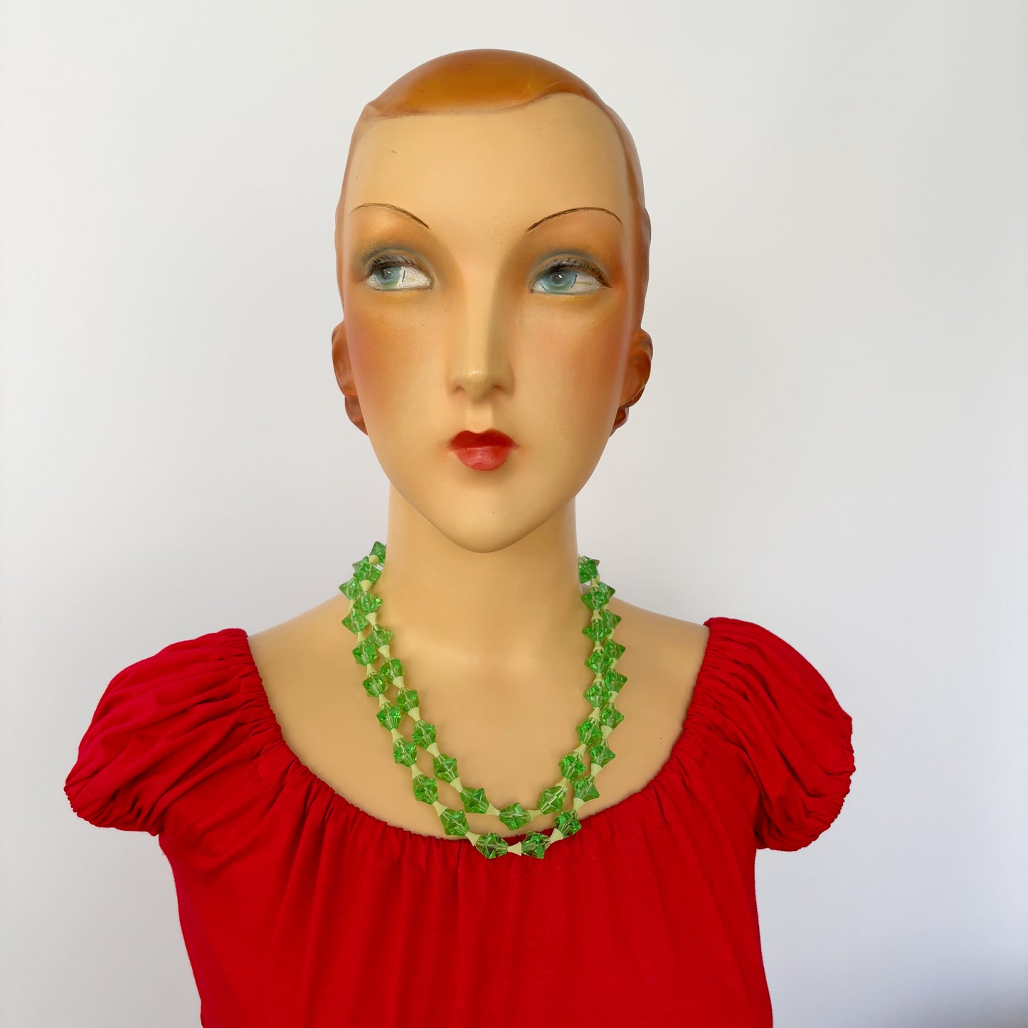 Mid Century Two Strand Uranium Green Plastic Necklace