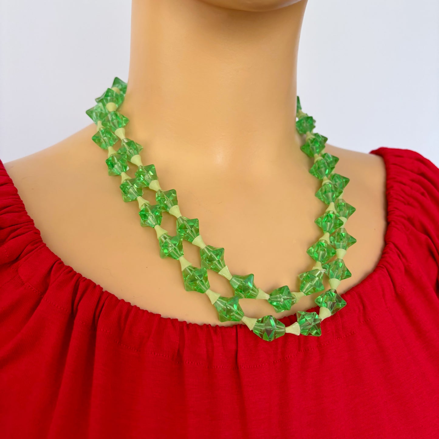 Mid Century Two Strand Uranium Green Plastic Necklace