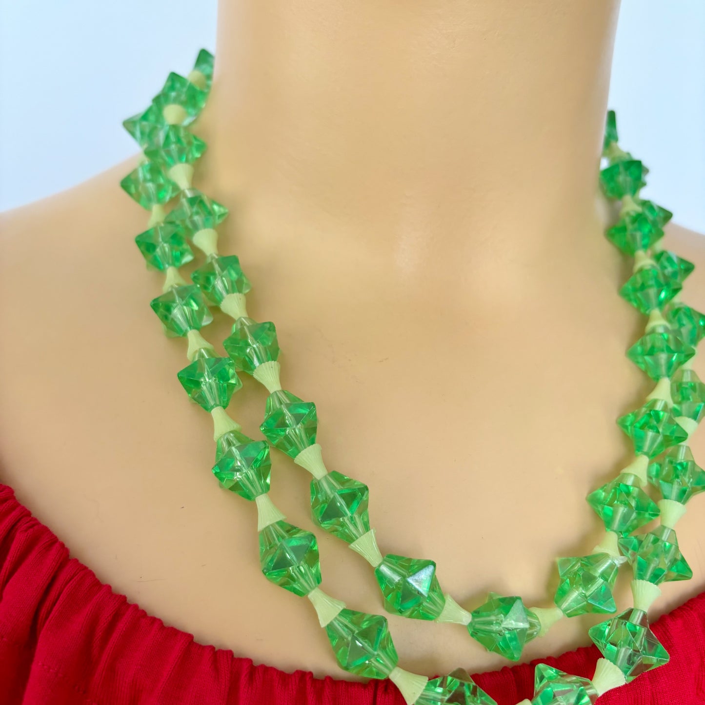 Mid Century Two Strand Uranium Green Plastic Necklace