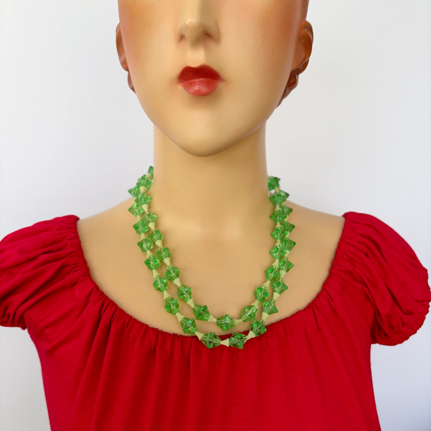 Mid Century Two Strand Uranium Green Plastic Necklace