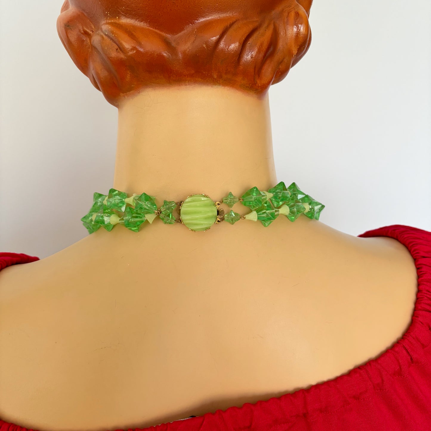 Mid Century Two Strand Uranium Green Plastic Necklace