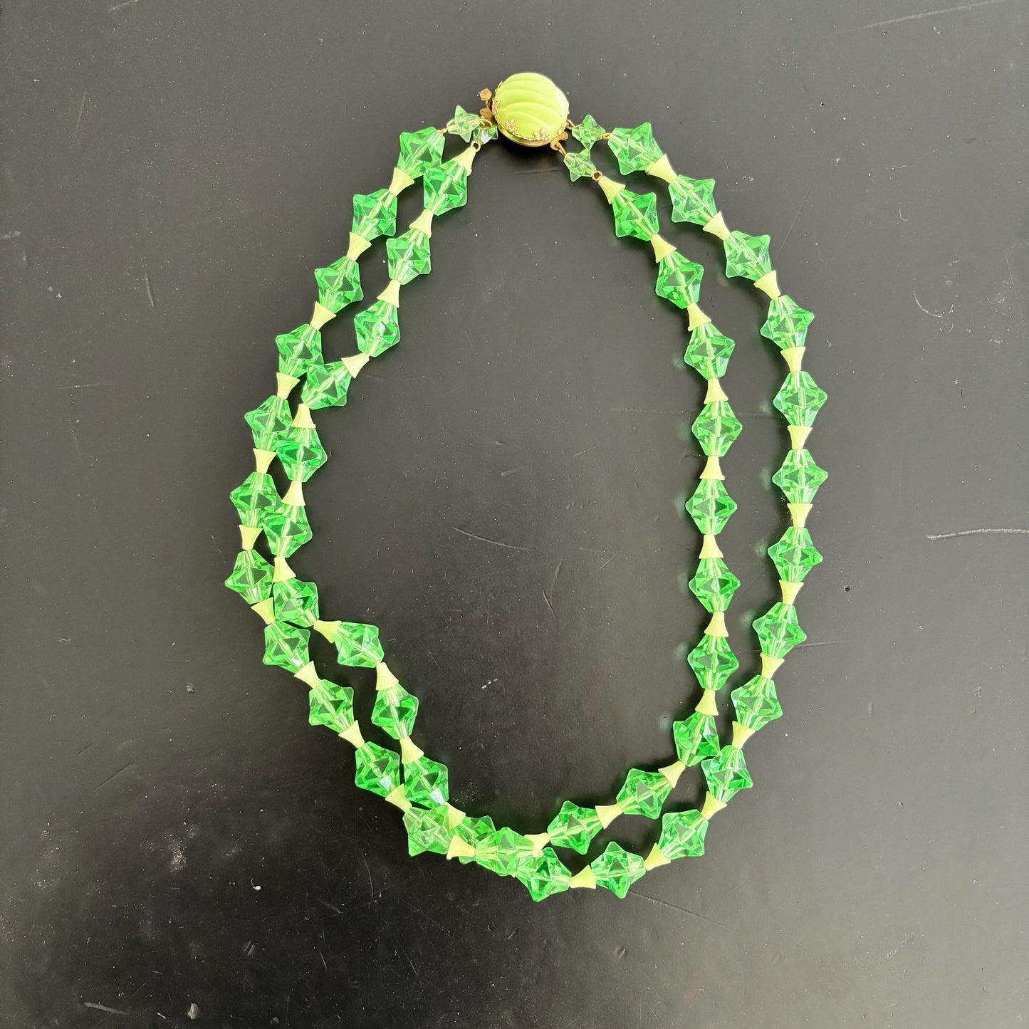 Mid Century Two Strand Uranium Green Plastic Necklace