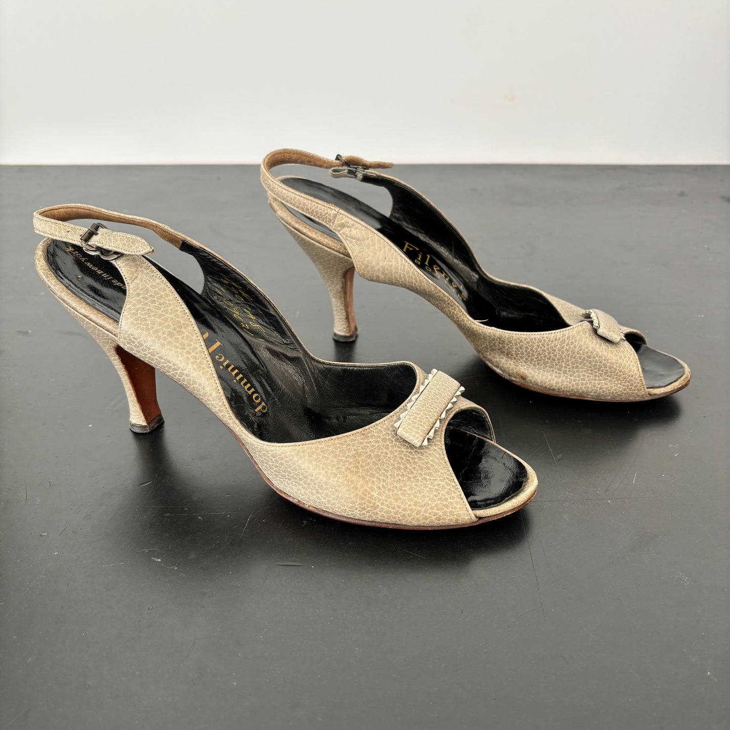 1950s Dominique Romano New York Grey Leather Peep Toe Slingback Heels