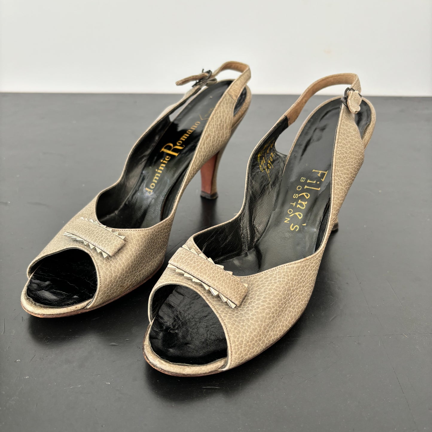 1950s Dominique Romano New York Grey Leather Peep Toe Slingback Heels