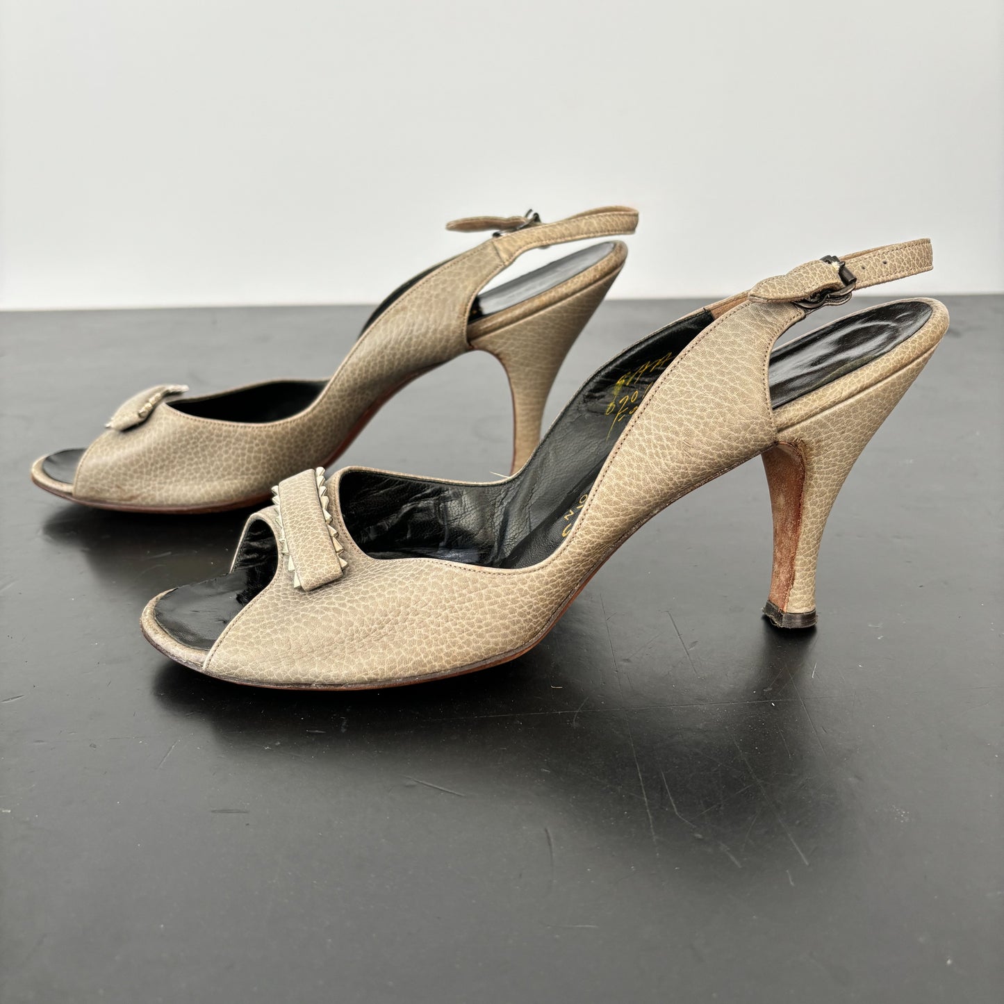 1950s Dominique Romano New York Grey Leather Peep Toe Slingback Heels