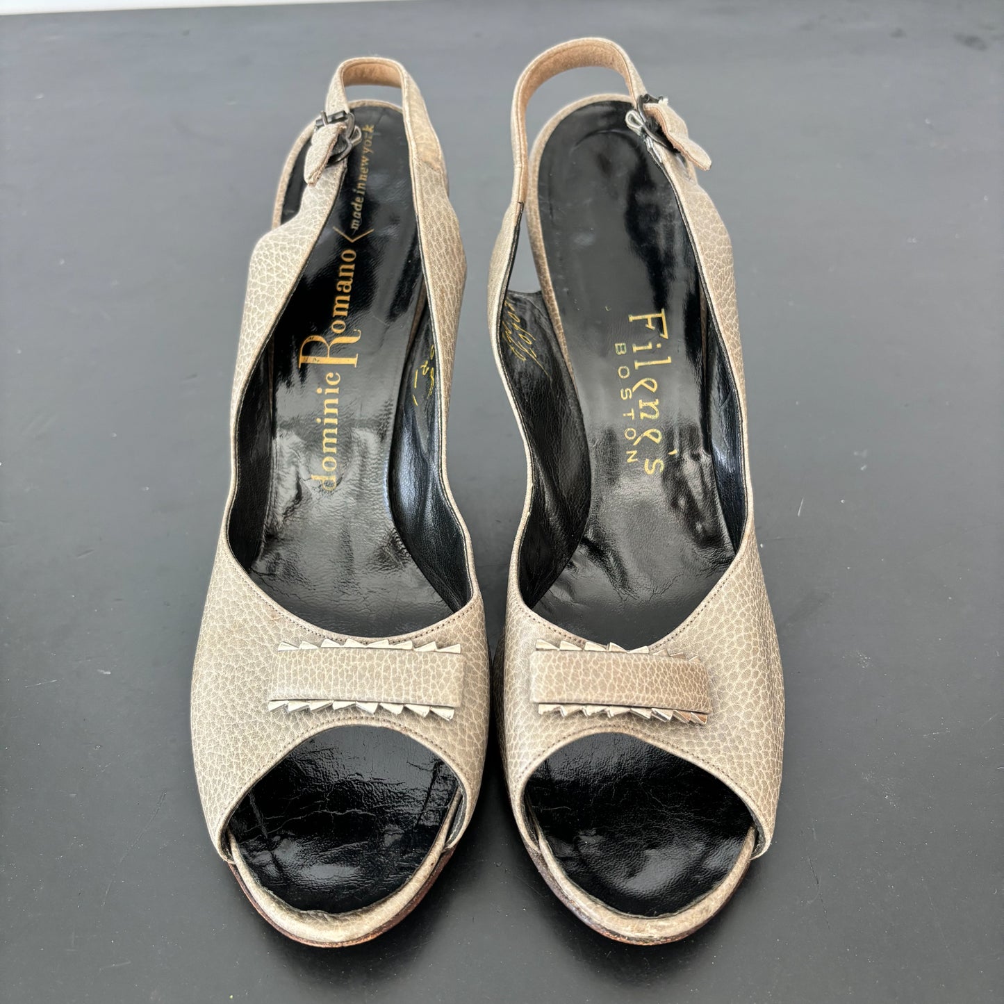 1950s Dominique Romano New York Grey Leather Peep Toe Slingback Heels