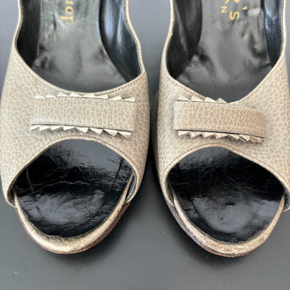 1950s Dominique Romano New York Grey Leather Peep Toe Slingback Heels