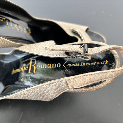 1950s Dominique Romano New York Grey Leather Peep Toe Slingback Heels