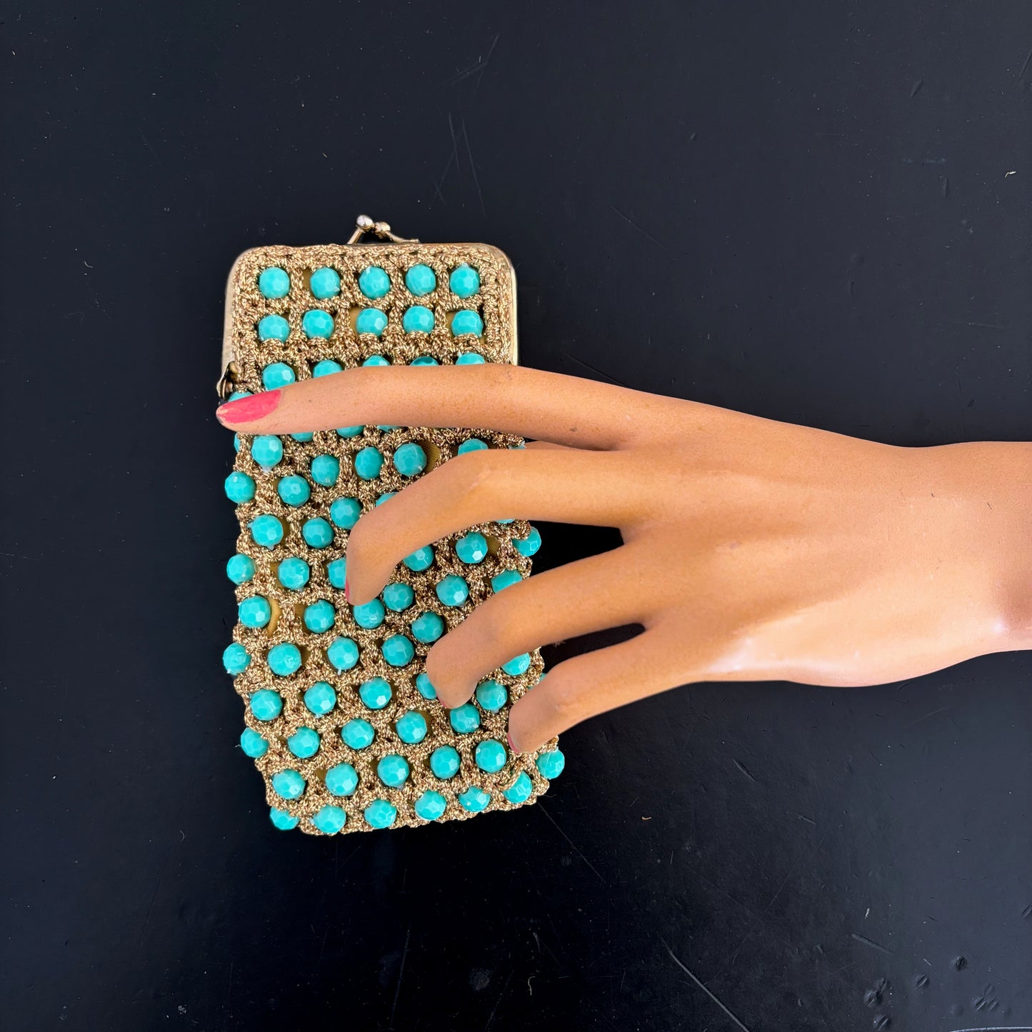 1960s Handmade Gold and Turquoise Purse / Glasses Case