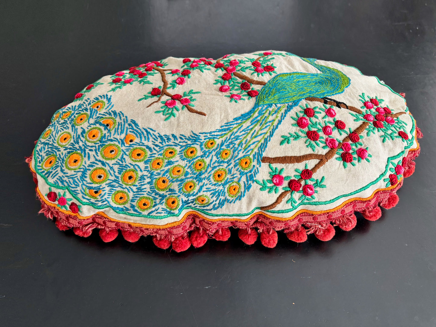 Antique Hand Embroidered Boudoir Peacock Pillow