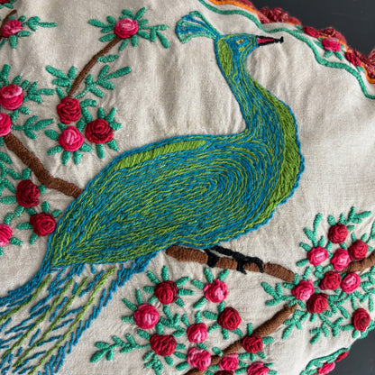 Antique Hand Embroidered Boudoir Peacock Pillow