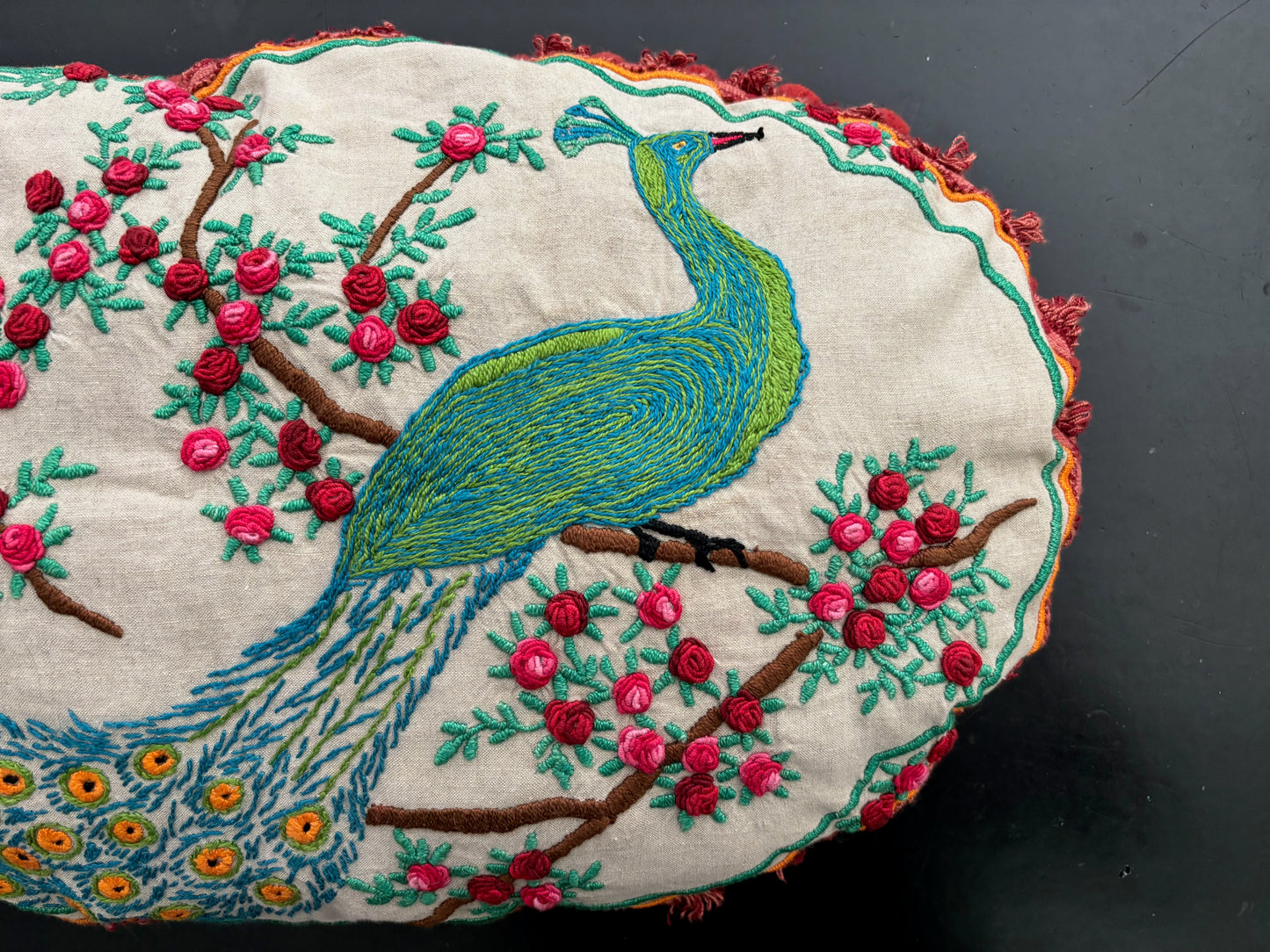 Antique Hand Embroidered Boudoir Peacock Pillow