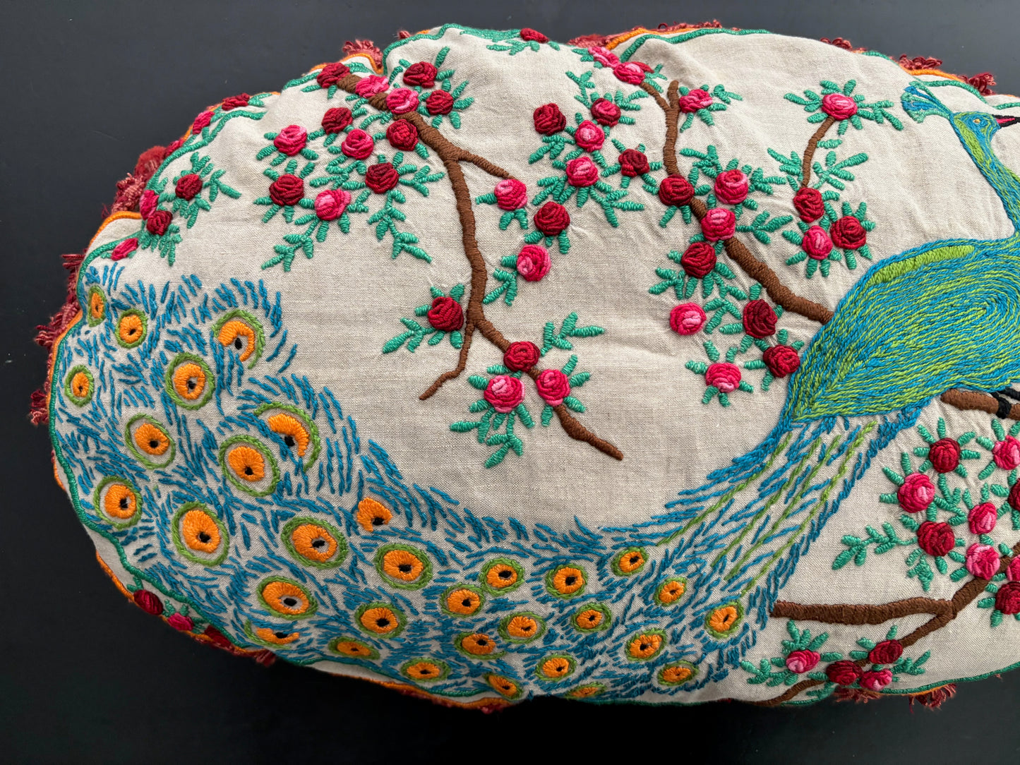 Antique Hand Embroidered Boudoir Peacock Pillow