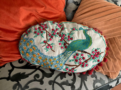 Antique Hand Embroidered Boudoir Peacock Pillow