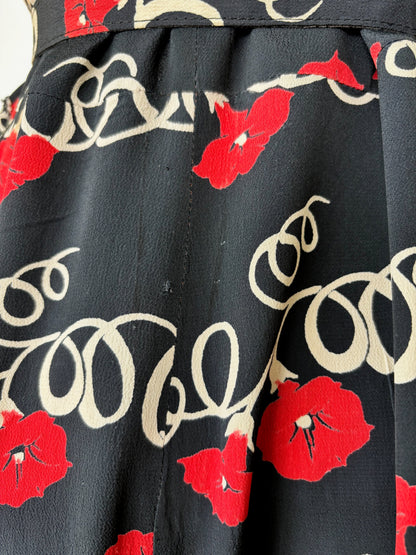 1940s Midnight Blue Rayon Poppies and Swirls Dress | M