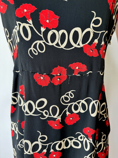 1940s Midnight Blue Rayon Poppies and Swirls Dress | M