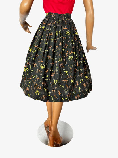 1950s Primitive Novelty Print Skirt  | L