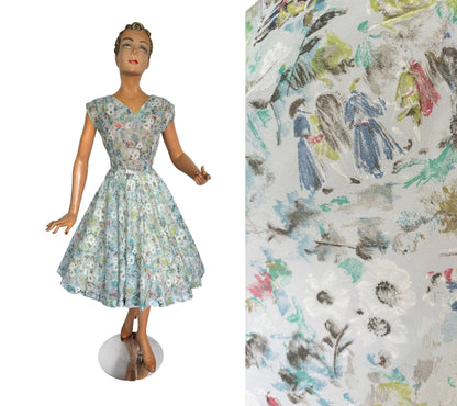 1950s Hand Painted Novelty Print Semi Sheer Dress | M