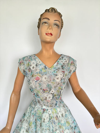 1950s Hand Painted Novelty Print Semi Sheer Dress | M