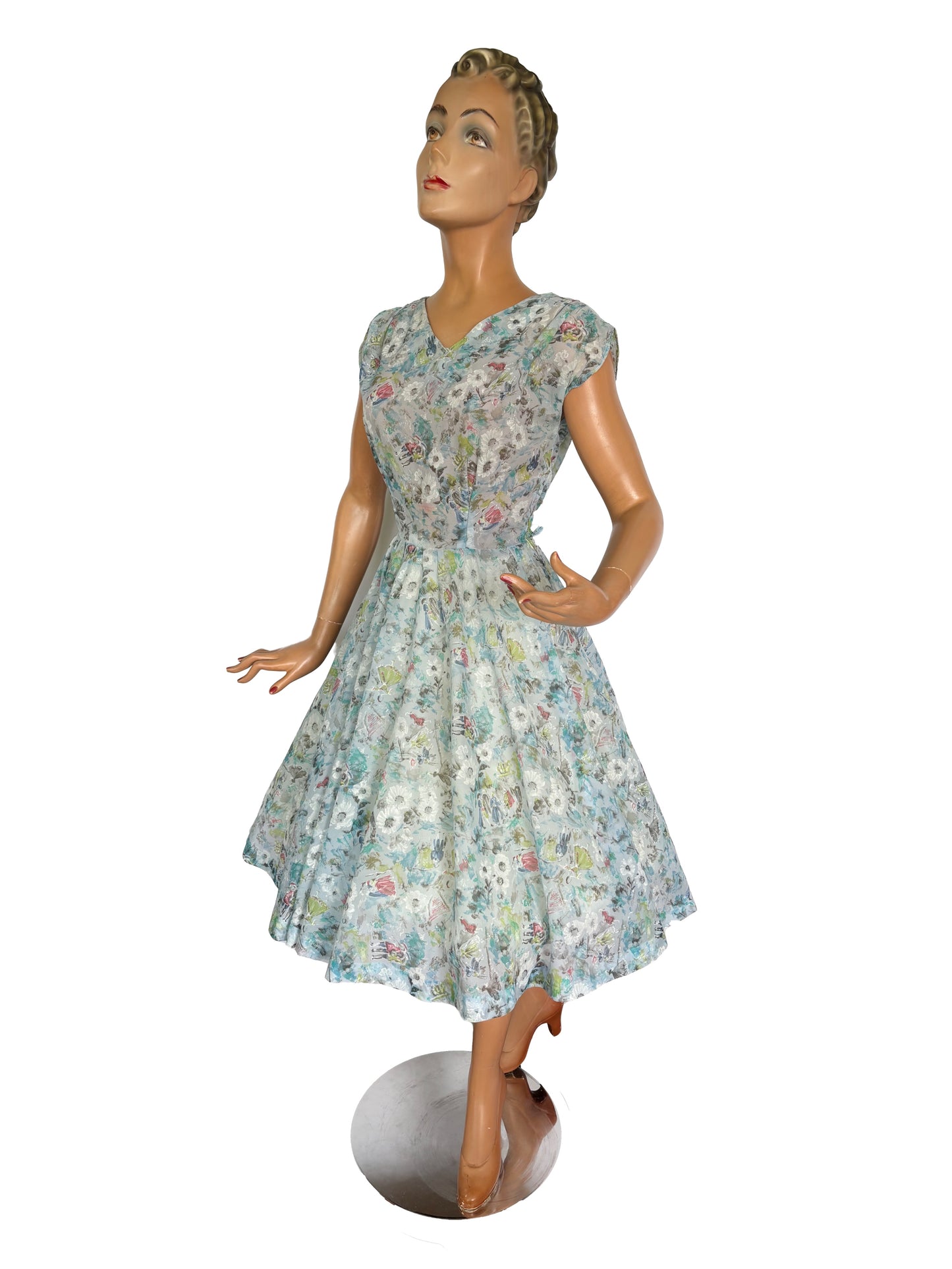 1950s Hand Painted Novelty Print Semi Sheer Dress | M