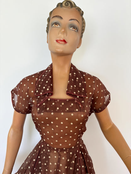 1950s Organza with Polkadot Flock Print Dress | S