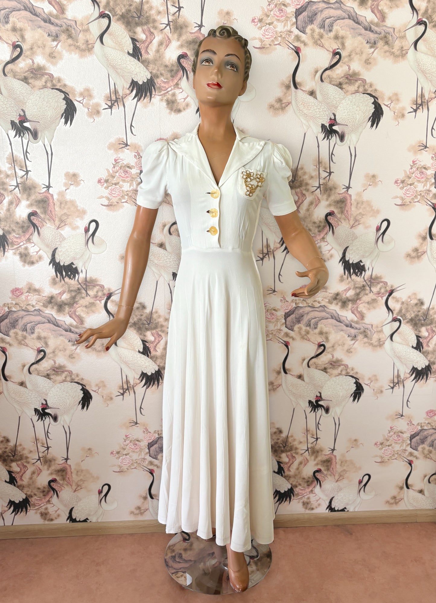 1940s Cream Rayon Evening Dress | XS