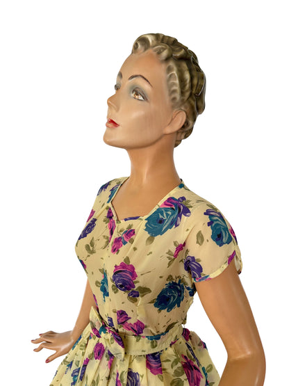 1950s Semi Sheer Flower Dress | L/XL