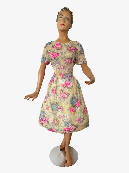 1950s/60s Semi Sheer Flower Dress | XXL