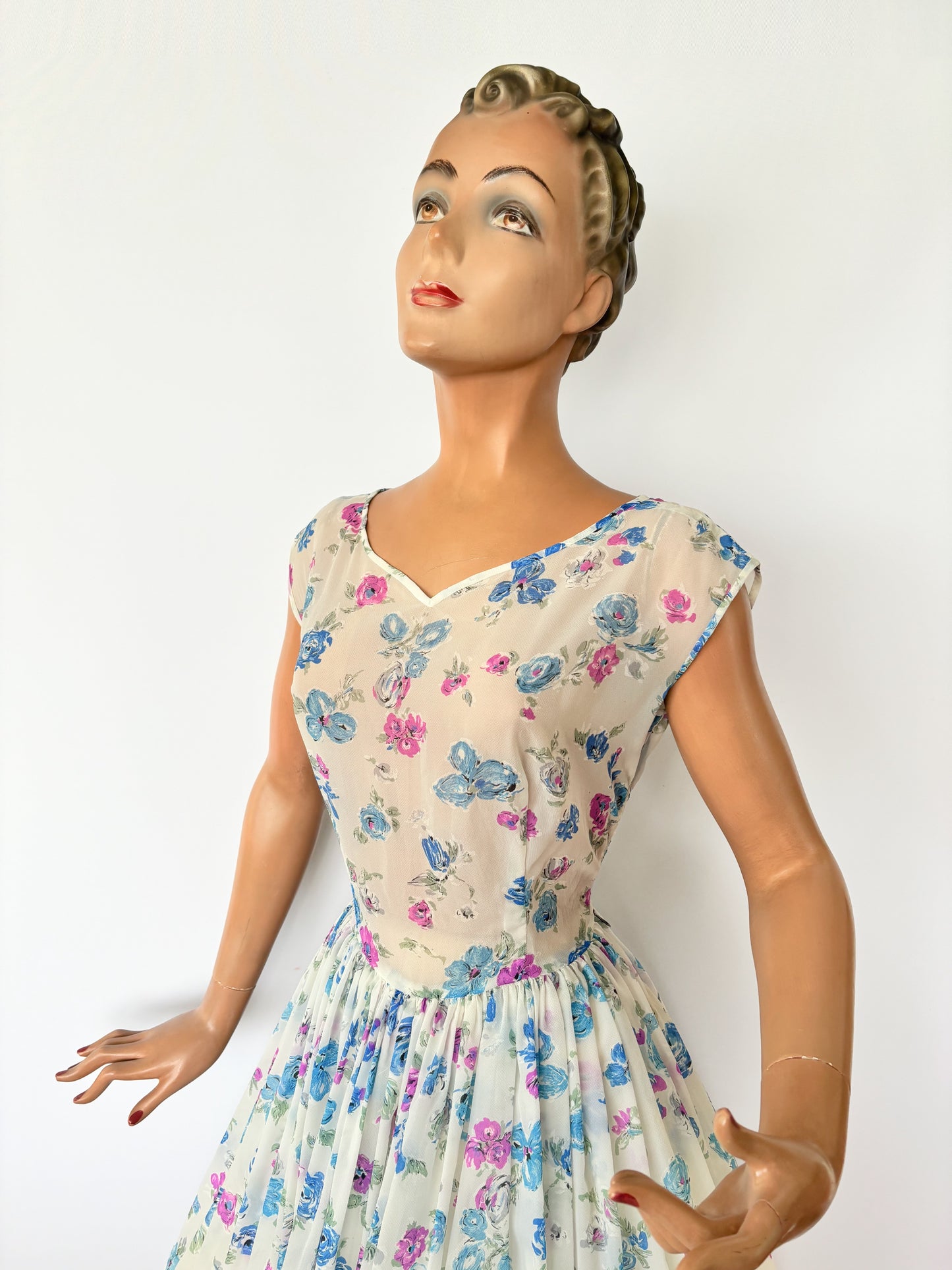 1950s/60s Semi Sheer Flower Dress | M