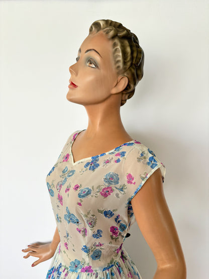 1950s/60s Semi Sheer Flower Dress | M