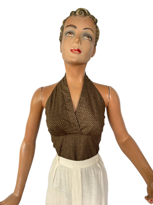 1940s/50s Style Gold and Brown Halter Top | S