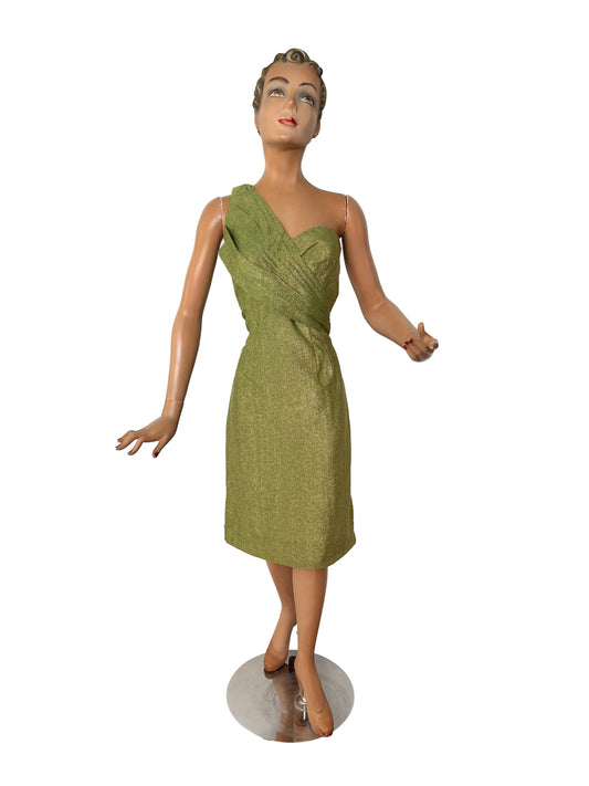 1950s Ferman O'Grady Asymmetrical Green Gold Lurex Dress | Size S