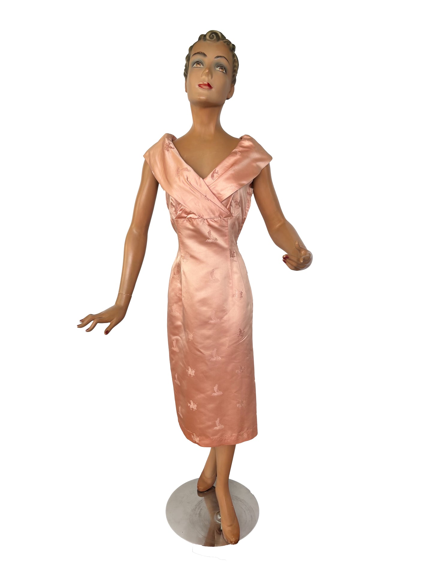 1950s Blush Pink Satin Brocade Dress | M/L