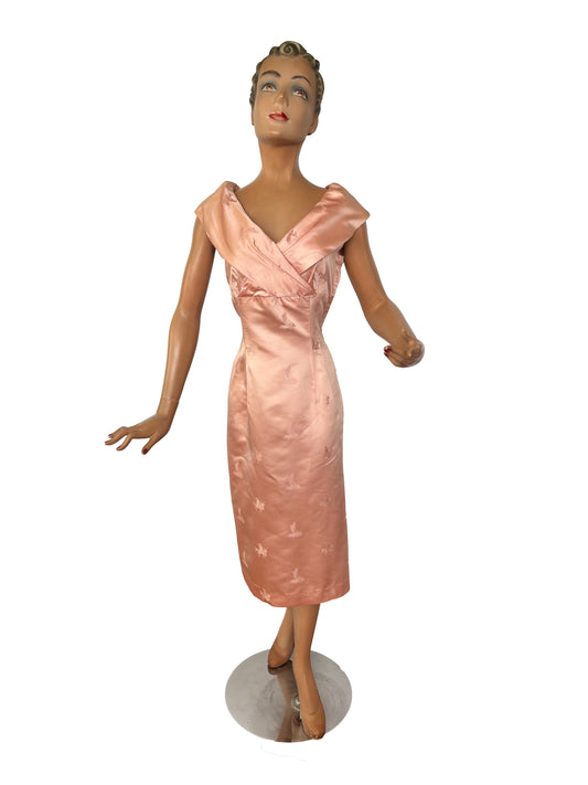 1950s Blush Pink Satin Brocade Dress | M/L