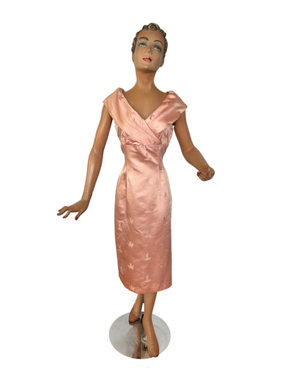 1950s Blush Pink Satin Brocade Dress | M/L