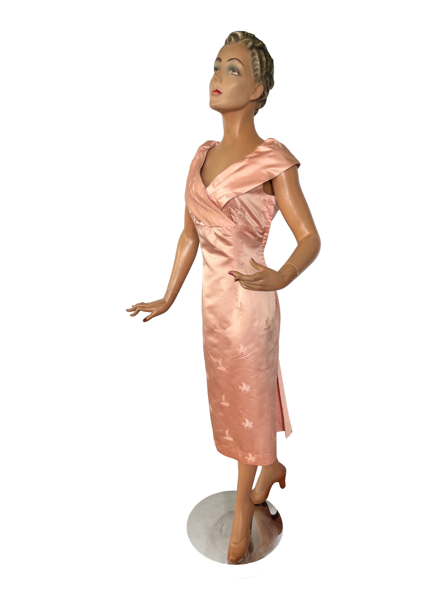 1950s Blush Pink Satin Brocade Dress | M/L