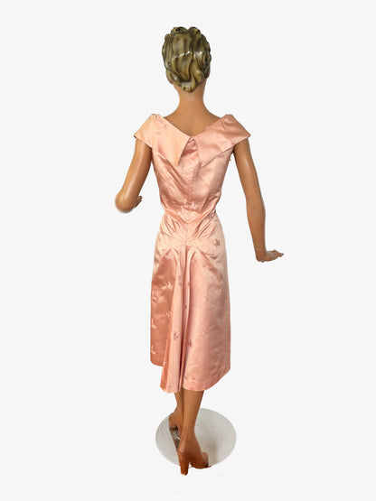 1950s Blush Pink Satin Brocade Dress | M/L