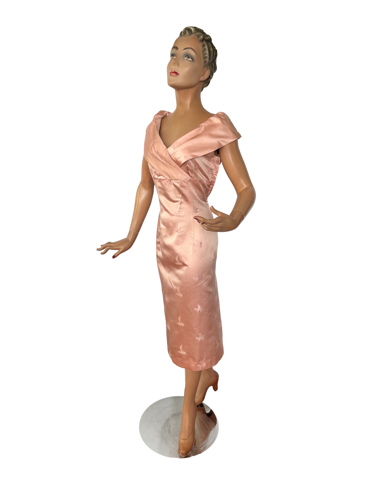 1950s Blush Pink Satin Brocade Dress | M/L