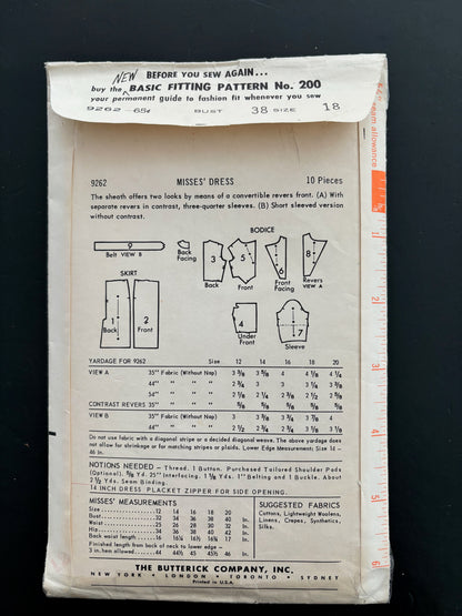 1950s/60s Uncut Butterick 9262 Sheath Dress Size 18 Sewing Pattern