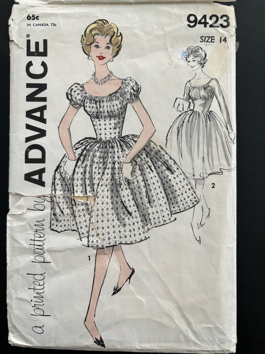 1950s/60s Sewing Pattern Advance 9423 Misses Dress Size 14