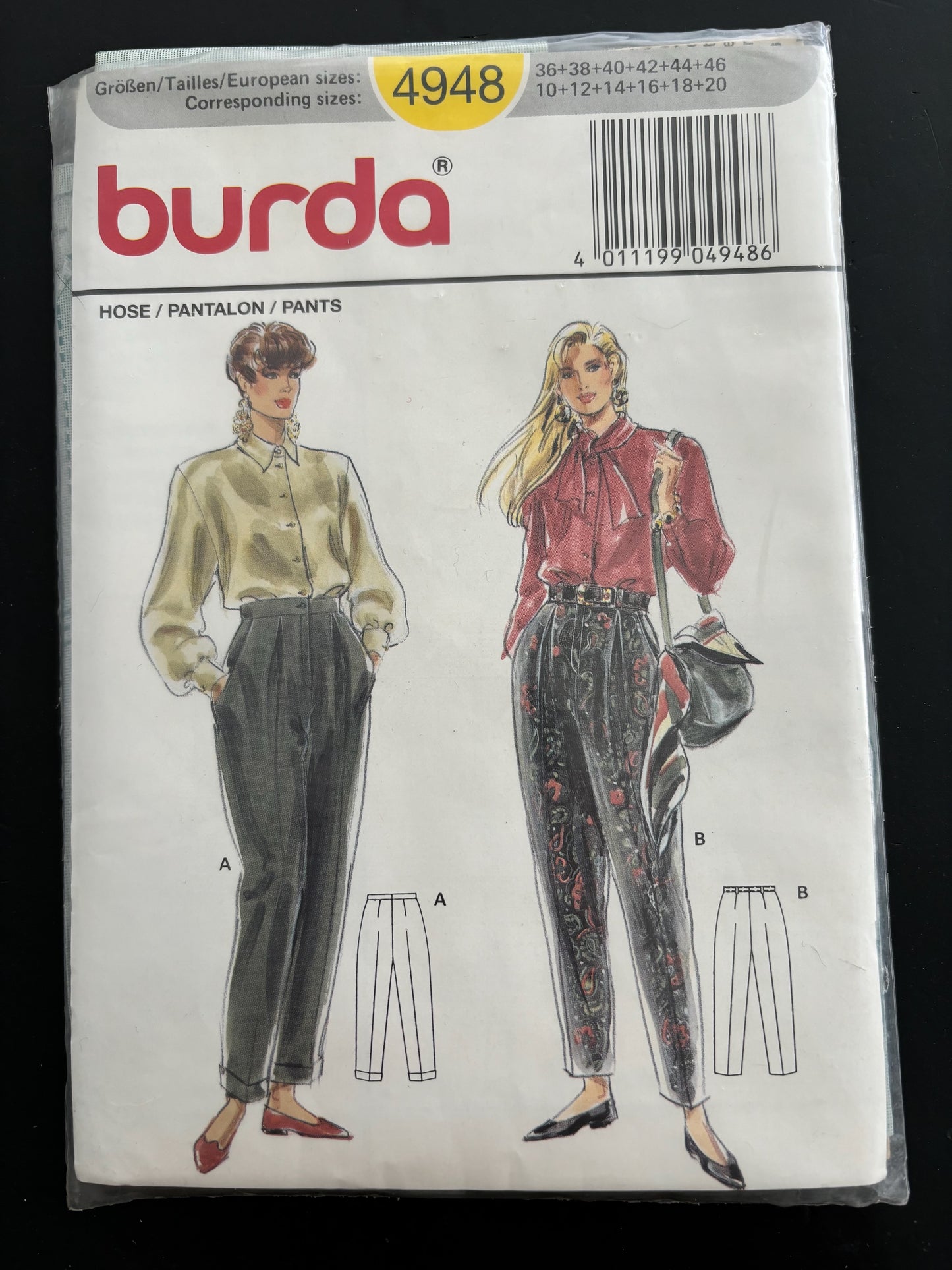 Burda 4948 Pleated Trousers Size 10 -20 Sewing Pattern