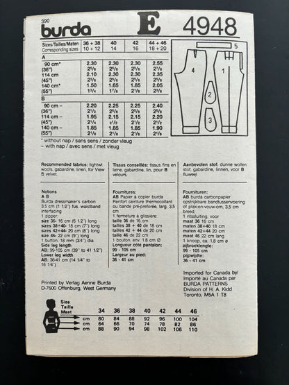 Burda 4948 Pleated Trousers Size 10 -20 Sewing Pattern