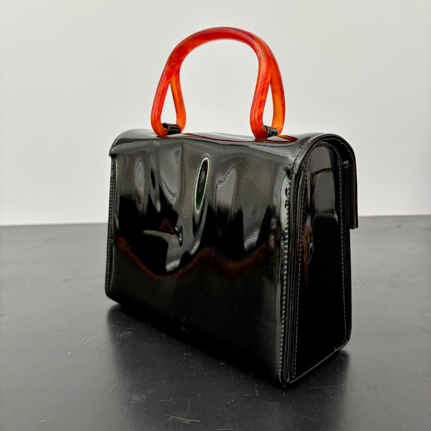 1940s/50s Patent Leather Handbag Lucite Handle