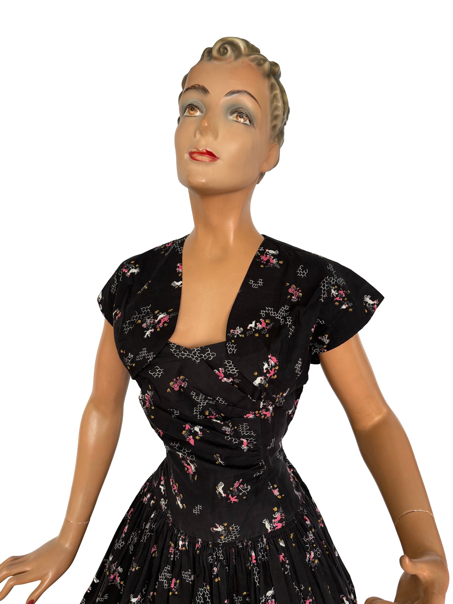 1940s Chicken Novelty Print Dress and Bolero Set | XS