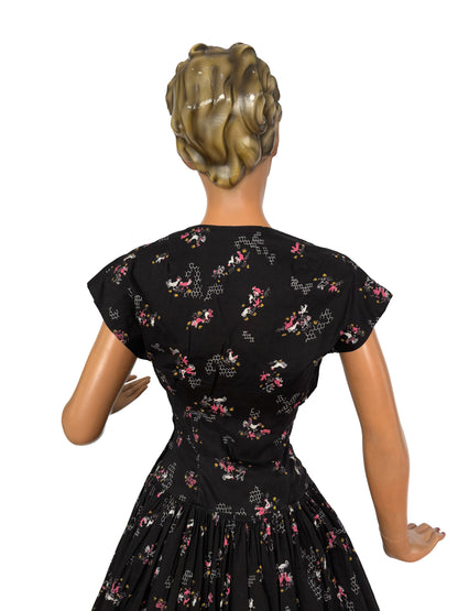 1940s Chicken Novelty Print Dress and Bolero Set | XS