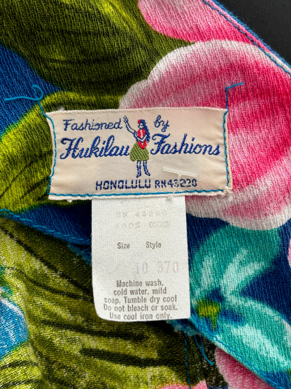 1960s/1970s Blue and Pink Hibiscus Hukilau Fashions Dress | XS/S