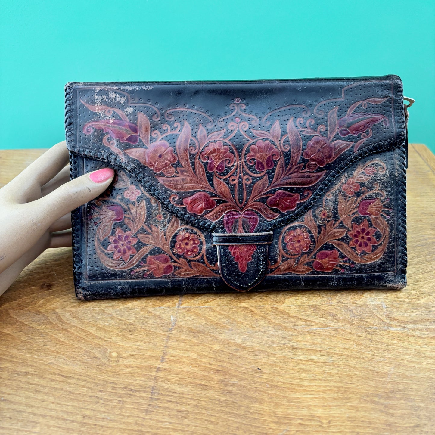 1930s  Double Sided Tooled Leather Clutch