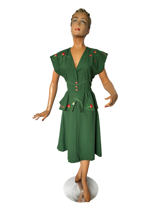 1940s Style Embroidered Peplum Dress | S/M